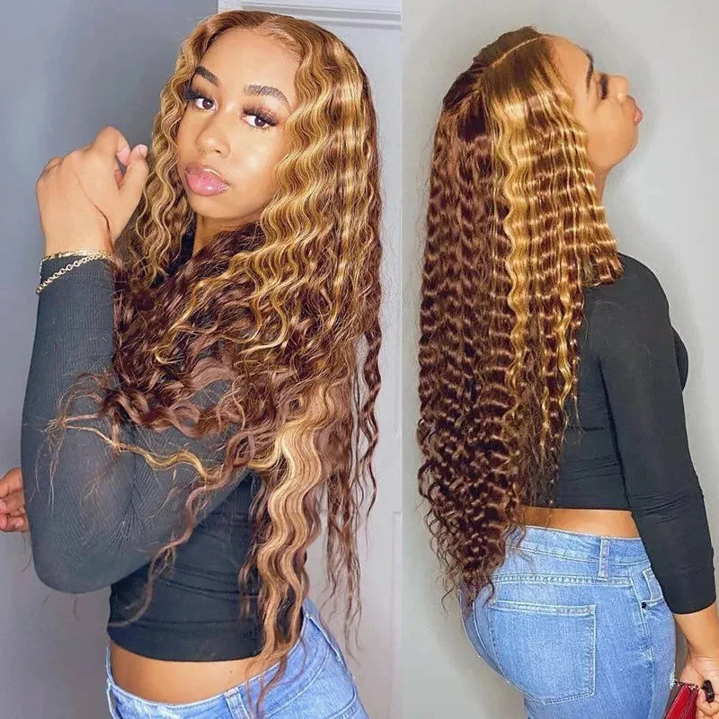 Curly Human Hair Wig – Honey Blonde Ombre 13x1 Brazilian Brown Deep Water Wave HD Frontal Bob Lace Front | RemyRoots Boutique