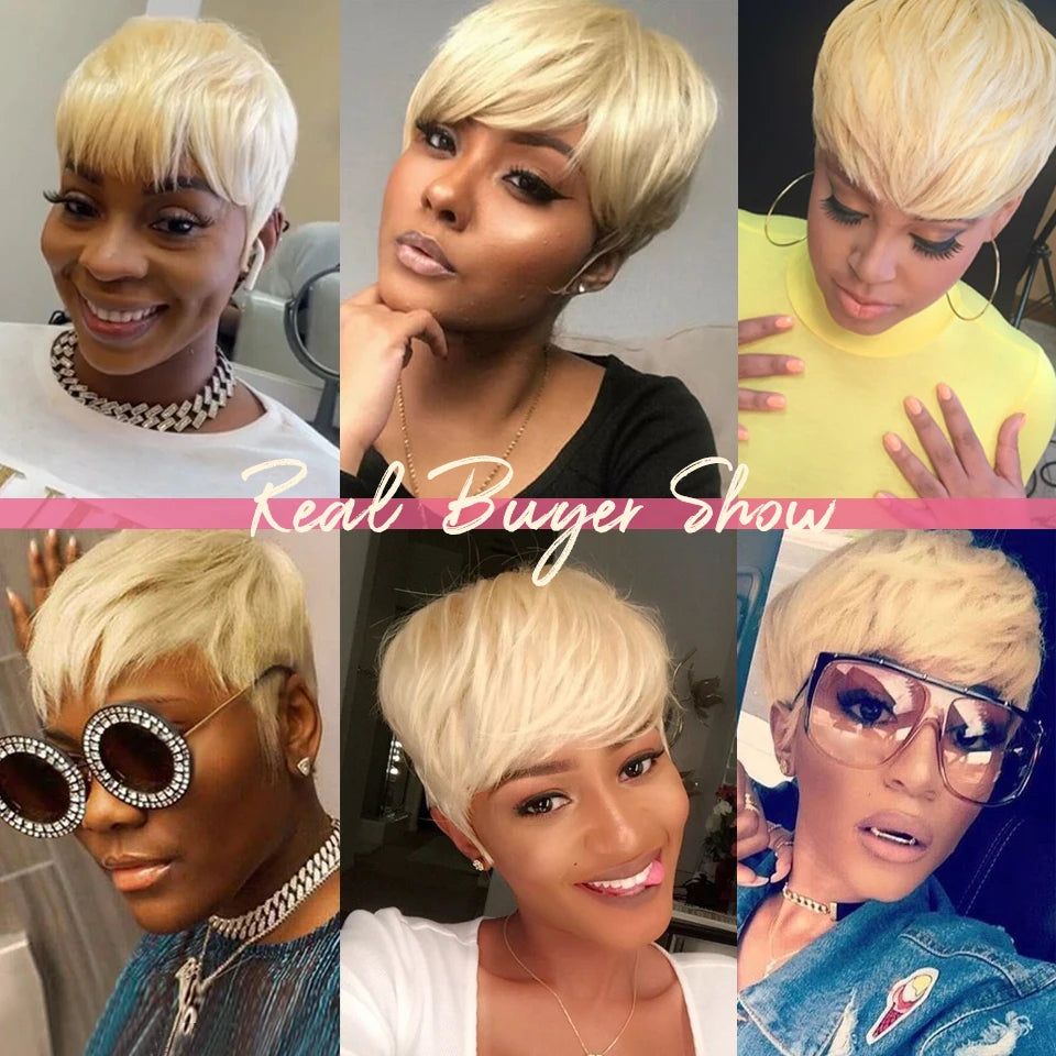 Honey Blonde Color Short Bob Straight Human Wigs With Bangs