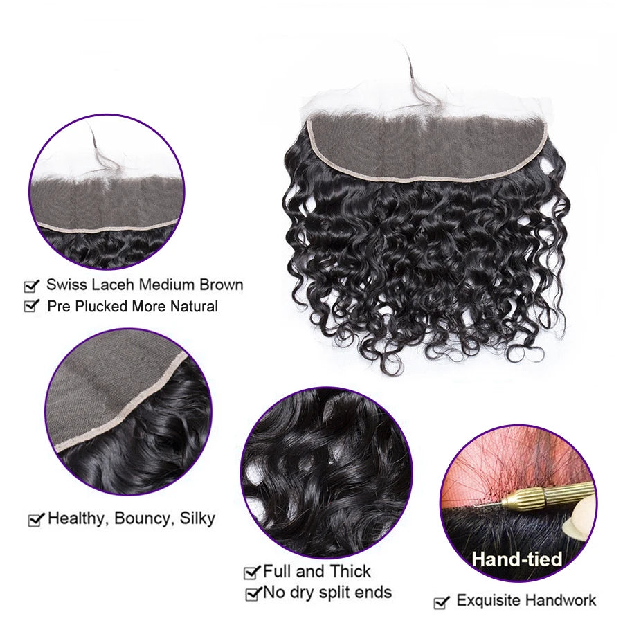 10A Peruvian Hair Bundles With Frontal Water Wave Bundles With Frontal Closure 13x4 Ear to Ear Lace Human Hair Weave Extensions, Length - 12 12 12 12 Front 12