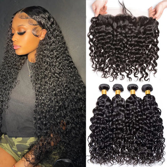 10A Peruvian Hair Bundles With Frontal Water Wave Bundles With Frontal Closure 13x4 Ear to Ear Lace Human Hair Weave Extensions, Length - 28 28 28 Frontal 22