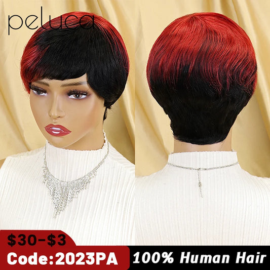 Short Bob Straight Human Wigs With Bangs Brazilian Hair Pixie Cut Wig Cheap Human Hair Wig For Black Women Burgundy Ombre Colore