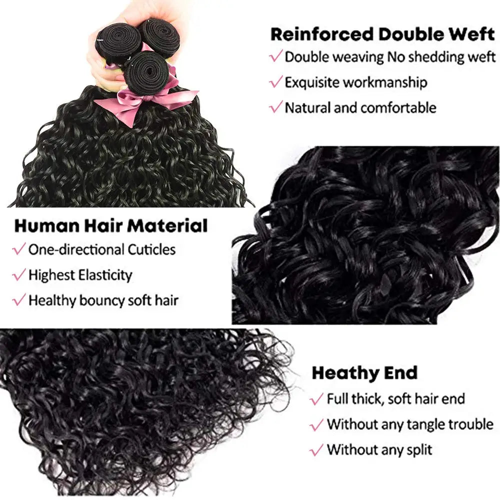 10A Peruvian Hair Bundles With Frontal Water Wave Bundles With Frontal Closure 13x4 Ear to Ear Lace Human Hair Weave Extensions, Length - 22 22 22 Frontal 18