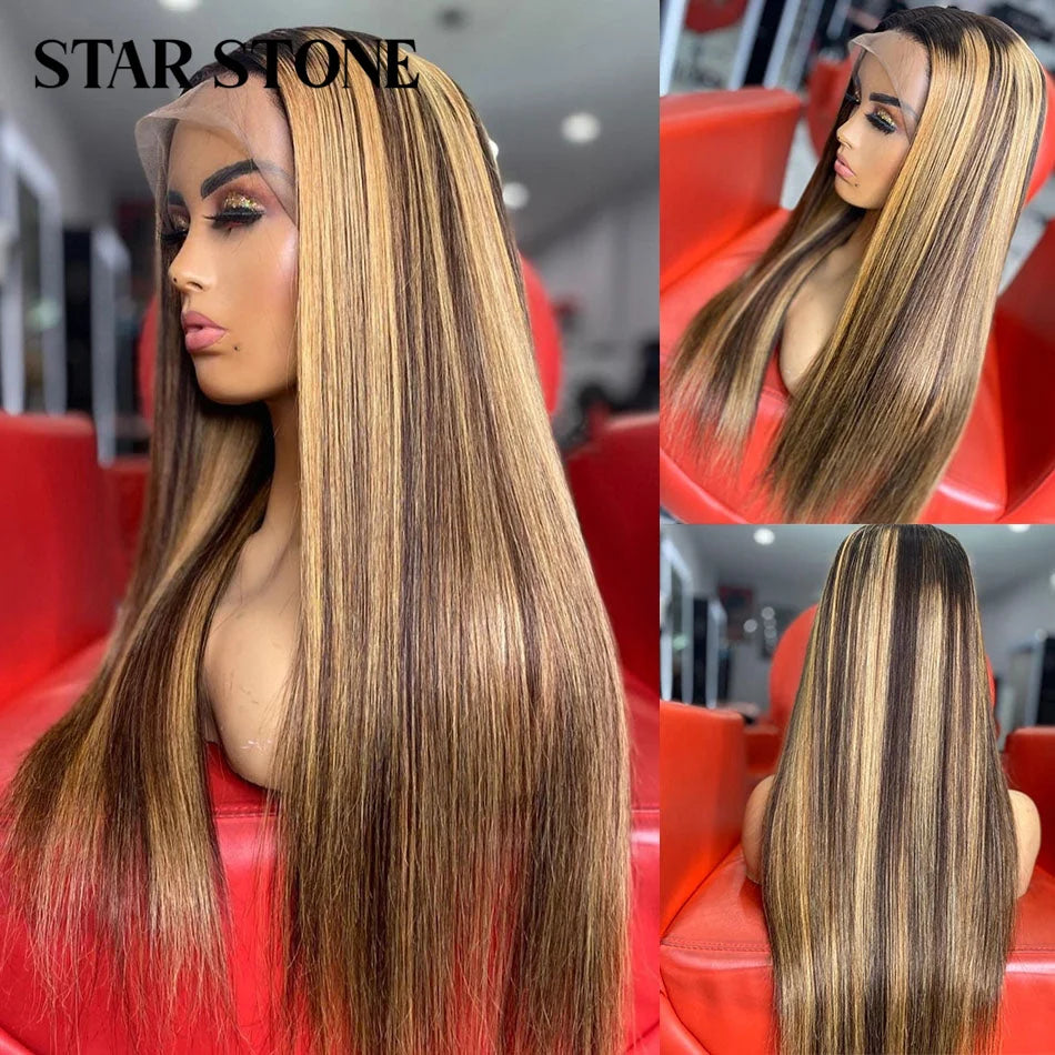 STAR STONE 30 32 Inch Highlight Wig Human Hair Honey Blonde Colored Straight 13x4 Lace Frontal Wig 250% Brazilian Hair For Women