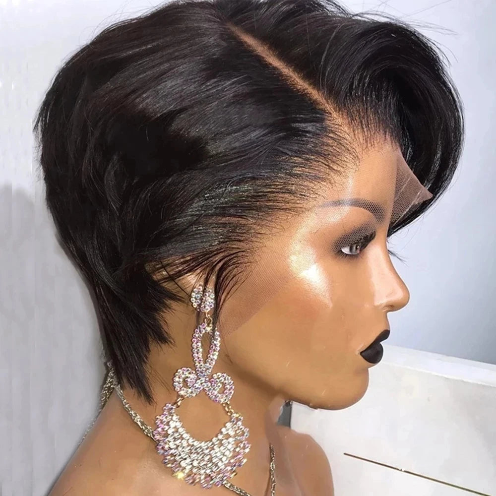 Remy Side Part Transparent Lace Wig Natural Preplucked Pixie Cut Wig