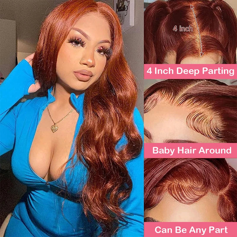 Reddish Brown Body Wave Lace Front Wig 13x6 13x4 HD Transparent Lace Frontal Wigs Pre Plucked Closure Wig For Women 180% Density