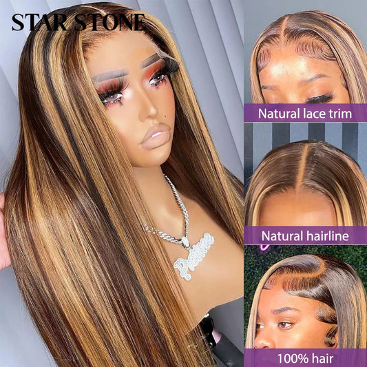 STAR STONE 30 32 Inch Highlight Wig Human Hair Honey Blonde Colored Straight 13x4 Lace Frontal Wig 250% Brazilian Hair For Women