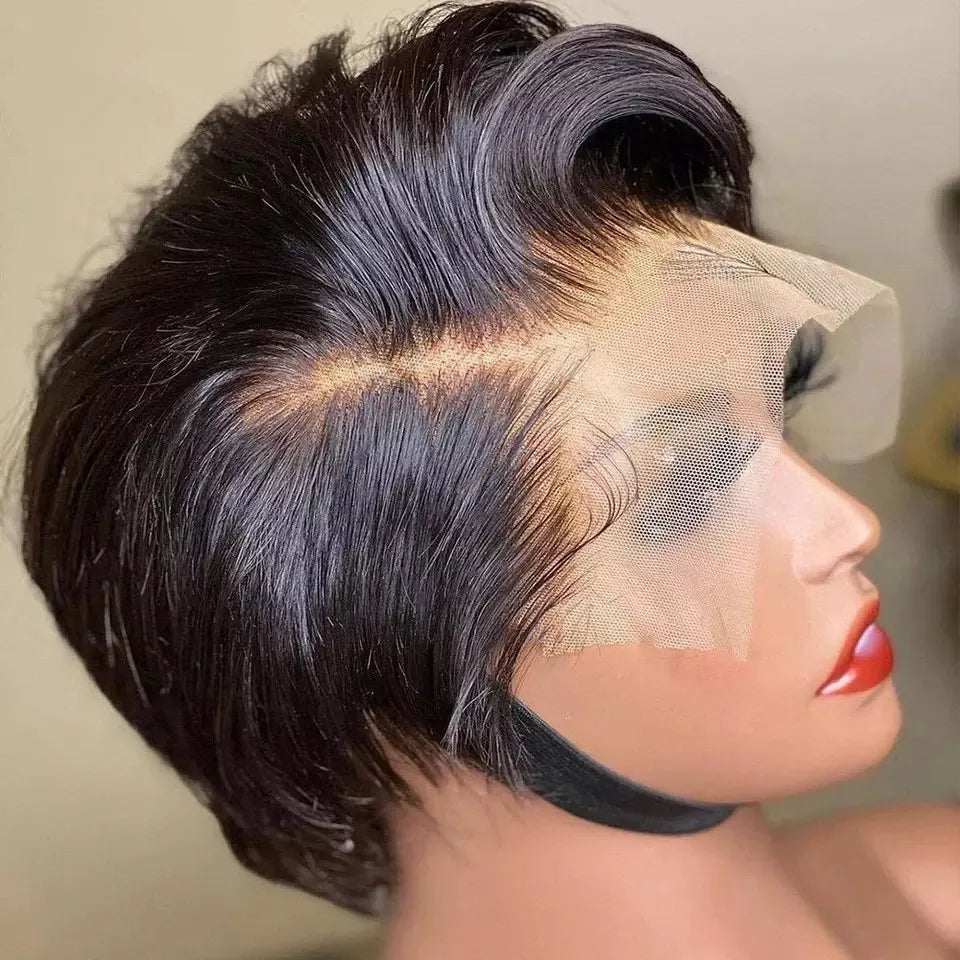 Remy Side Part Transparent Lace Wig Natural Preplucked Pixie Cut Wig