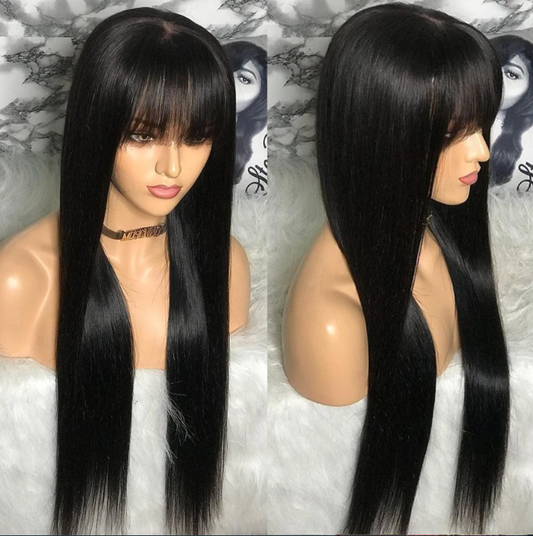 Straight Human Hair Wig with Bangs – 3x1 Middle Part Lace Brazilian Hair, Glueless Design | RemyRootsBoutique