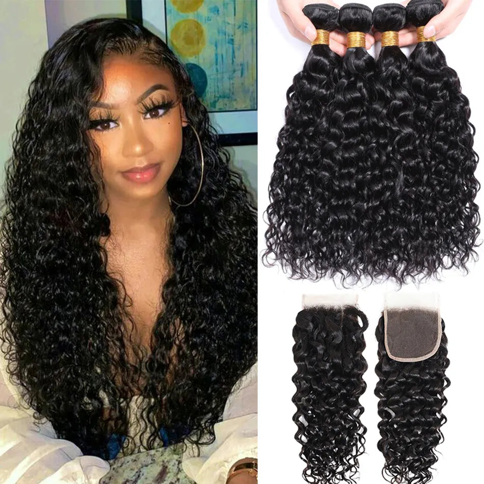 Indian Water Wave Bundles With Closure Wet and Wavy Curly Human Hair Bundles 12A Remy Hair Weave 3 Bundles With Frontal 13X4