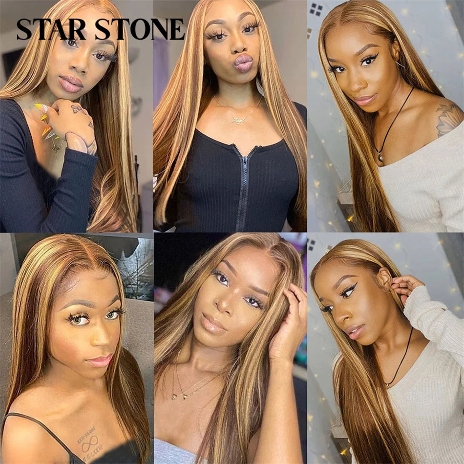 STAR STONE 30 32 Inch Highlight Wig Human Hair Honey Blonde Colored Straight 13x4 Lace Frontal Wig 250% Brazilian Hair For Women