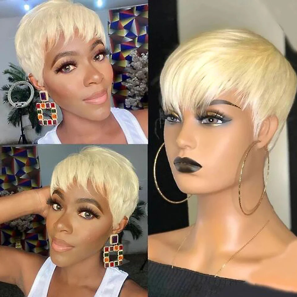 Honey Blonde Color Short Bob Straight Human Wigs With Bangs