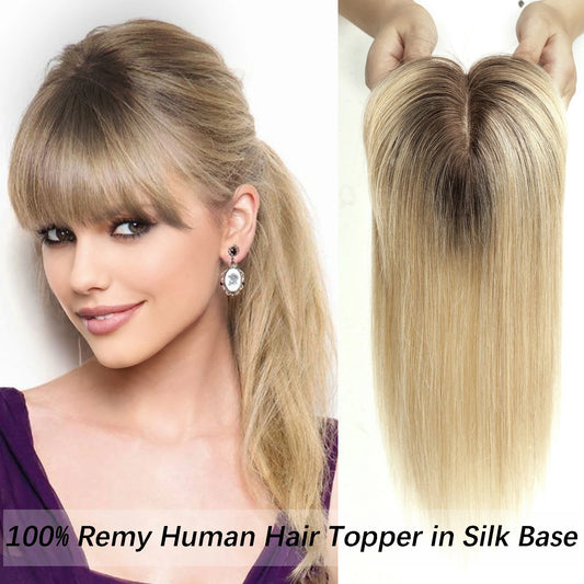 100% Remy Human Hair Toppers with Bangs Platinum Blonde Ombre Human Hair Pieces for Women Thin Hair Silk Base Clip in Toppers