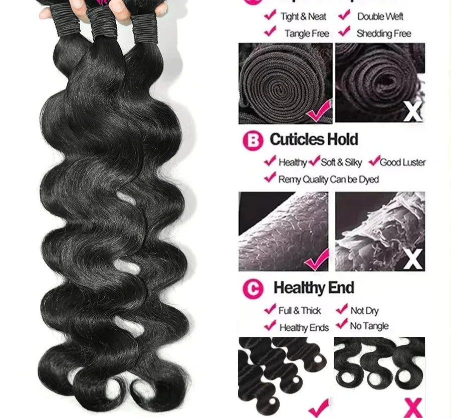 36/38/40 Inch Body Wave Bundles - 100% Remy Raw Indian Human Hair Extensions | RemyRootsBoutique