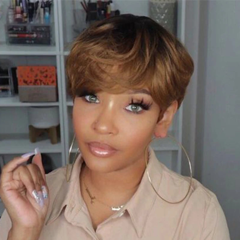 Honey Blonde Color Short Bob Straight Human Wigs With Bangs