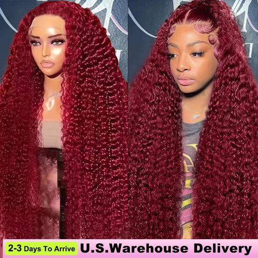 250% Density 99j Burgundy Kinky Curly Wig Human Hair 13x4 13x6 Full Frontal Lace Preplucked Colored Deep Wave Human Hair Wig
